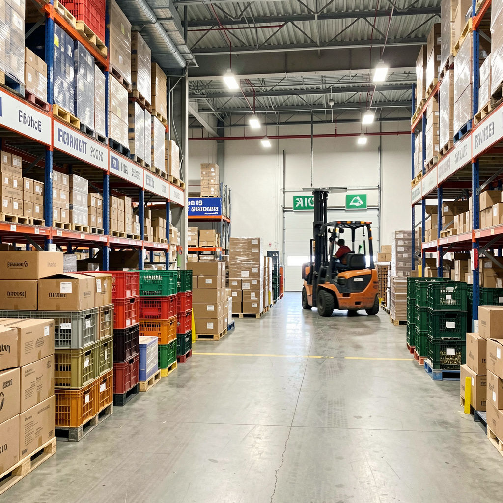 Home freepik order fulfillment area with crates and boxes stack 6500